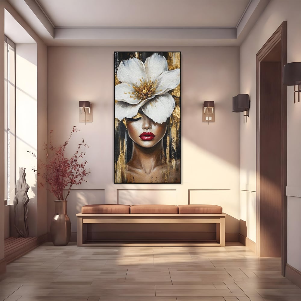 Tablou canvas cu tablou canvas cu portret de femeie si floare, in rama de aluminiu negru